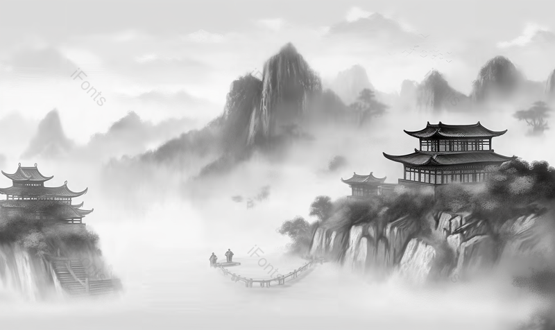 中国风经典黑白色水墨山水画山峰上的古风房屋建筑平静的湖泊和小船远处云雾缭绕的山插画,插画/手绘图,插画/手绘图库,插画/手绘图下载,插画/手绘